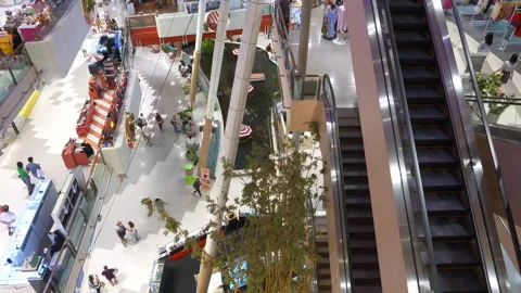 Phuket shopping mall interior top floor escalator slow motion 4k thailand Stock Footage 334637867