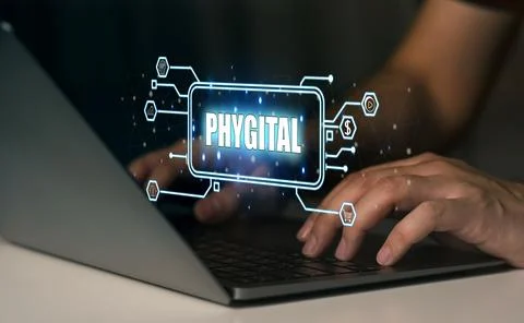 Phygital marketing involves merging tangible physical and the digital physi.. Stock Photos