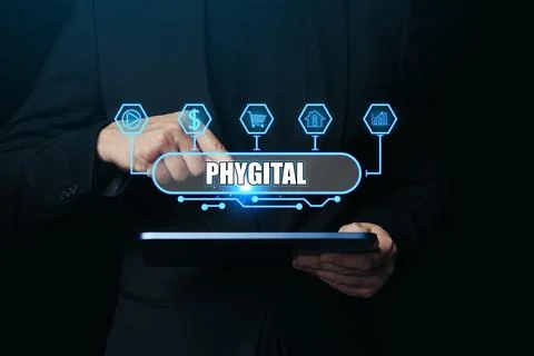 Phygital marketing involves merging tangible physical and the digital physi.. Stock Photos