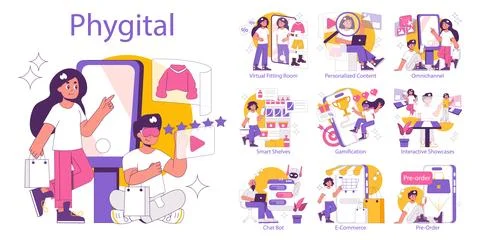 Phygital set. Seamless integration of physical and digital retail elements. 库存插图
