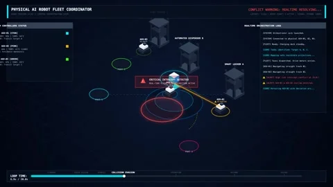 Physical Ai Robot Fleet Coordinator, Futuristic Interface, Data Visualization Stock Footage 341736840