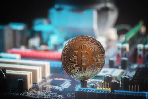 Physical Bitcoin Coin BTC on Computer Motherboard Circuit Board Foto stock