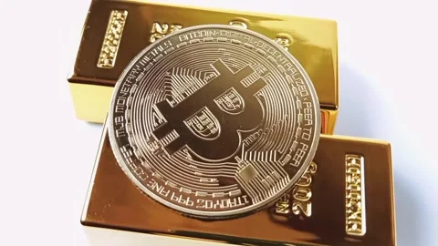 Physical Bitcoin coins stacked on top of gold bars on a wooden base Stock Footage 329081055