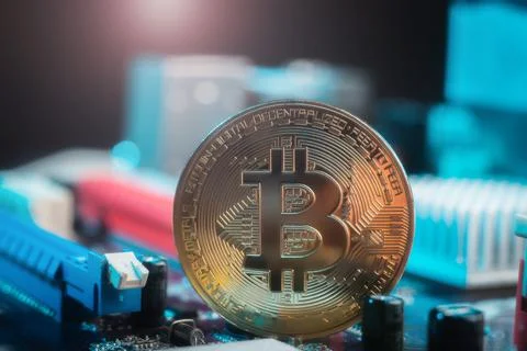Physical Bitcoin Cryptocurrency Coin on Computer Motherboard Hardware Stock Photos