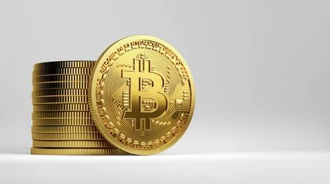A physical Bitcoin next to a stack of Bitcoins isolated on a white background Stock Illustration