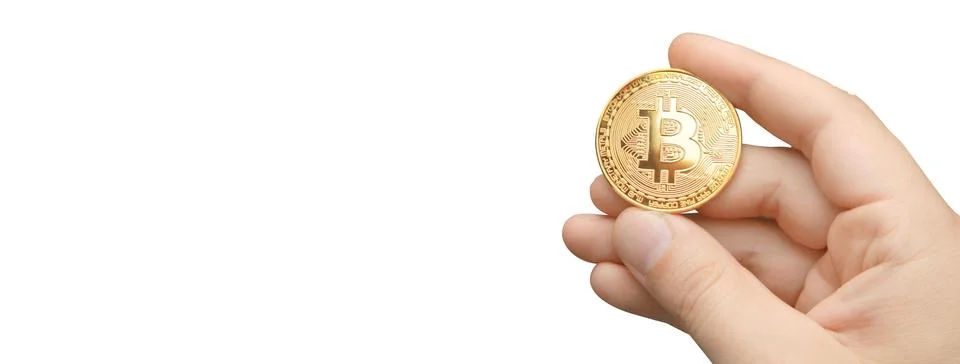 Physical bitcoin. Virtual crypto currency coin. Blockchain technology. Stock Photos