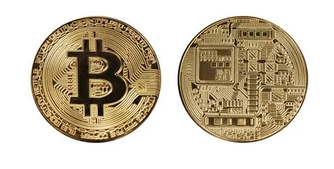 Physical bitcoin. Virtual crypto currency coin. Blockchain technology. Stock Photos
