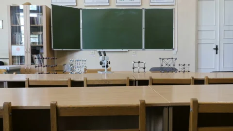 Physical classroom, laboratory with microscope and models of crystal lattices Stock Footage 92156044