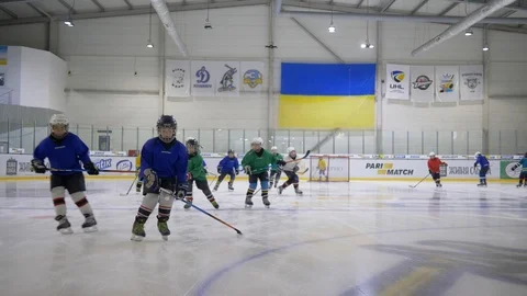 Physical development of children, kids sports team in hockey equipment and Stock Footage
