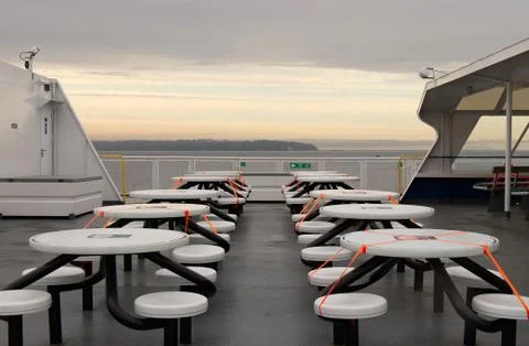 Physical distancing concept. BC Ferries workers keep space between seats Stock Photos