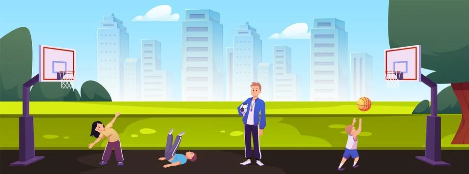 Physical education class, students doing exercise, running at primary school Stock Illustration