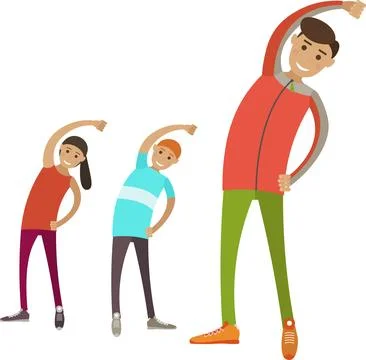 Physical education teacher doing exercise with children on lesson vector icon Stock Illustration