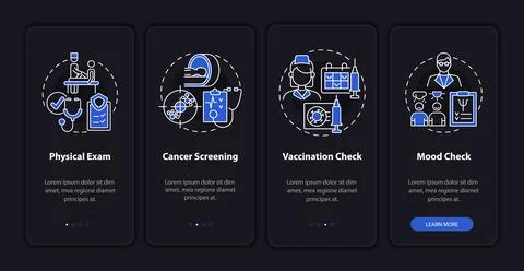 Physical examination components dark onboarding mobile app page screen 库存插图