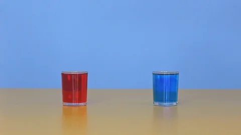 Physical experiment, coloring water in glasses and mixing Stock Footage 126530581
