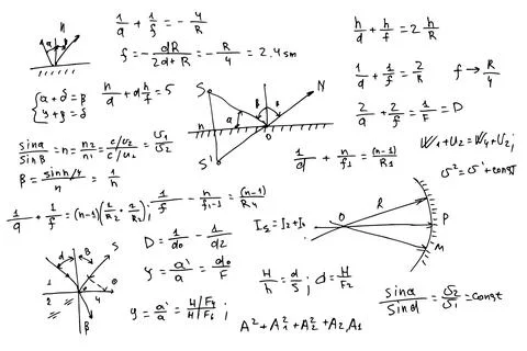 Physical formulas and equations written by hand on a white background. Stock Illustration