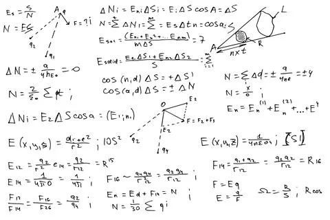 Physical formulas and equations written by hand on a white background. Stock Illustration