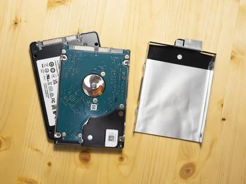 Physical Hard Disk drive being replaced by a solid state flash drive close up 스톡 사진