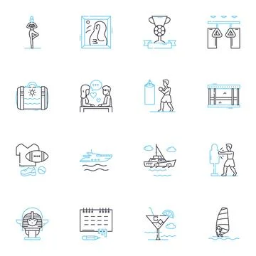 Physical hobbies linear icons set. Yoga, Running, Cycling, Swimming, Hiking Stock Illustration