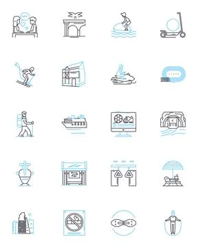 Physical hobbies linear icons set. Yoga, Running, Cycling, Swimming, Hiking Stock Illustration