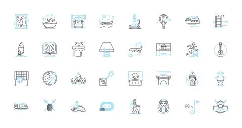 Physical hobbies linear icons set. Yoga, Running, Cycling, Swimming, Hiking Stock Illustration