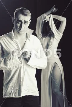Physical intimacy. Sexi couple of mime artists perform romance. Sexy mime man Stock Photos