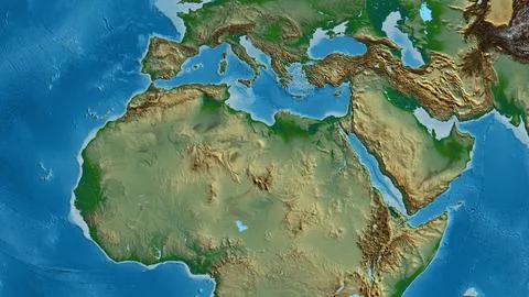 Physical map centered on Libya neighborhood area Stock Illustration
