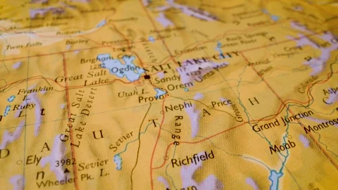 Physical map route from las vegas to salt lake city, gliding macro view Stock Footage 341269070