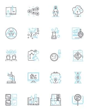 Physical science linear icons set. Kinetics, Dynamics, Thermodynamics, Gravity Stock Illustration