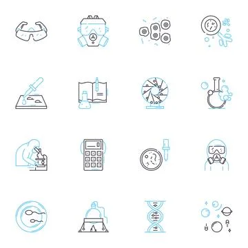 Physical science linear icons set. Kinetics, Dynamics, Thermodynamics, Gravity Stock Illustration