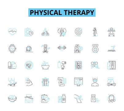 Physical therapy linear icons set. Rehabilitation, Exercises, Manual, Orthopedic Stock Illustration