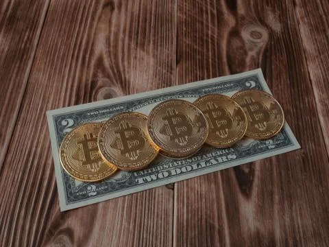 Physical version of Bitcoin and banknotes of two dollar. Stockfoto's