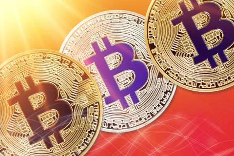 Physical version of Bitcoin (new virtual money) with colorful sunburst effect Stock Photos