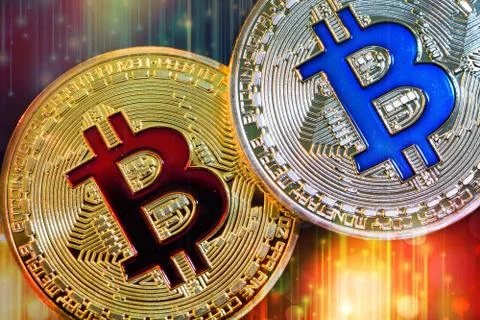 Physical version of Bitcoin (new virtual money) with colorful effect Stock Photos