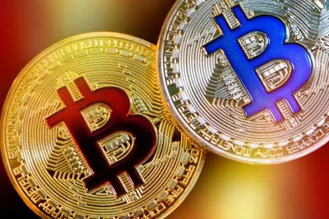 Physical version of Bitcoin (new virtual money) with colorful effect Stock Photos