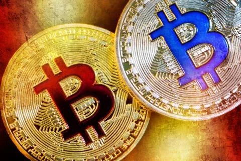 Physical version of Bitcoin (new virtual money) with colorful effect Stock Photos