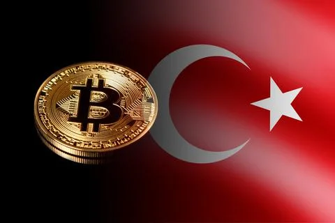 Physical version of Bitcoin is new virtual money and Turkey Flag. Stock Photos