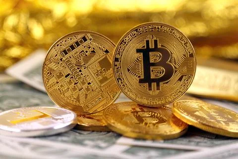 Physical version of Bitcoin (new virtual money) and banknotes of one dollar.. Stock Photos