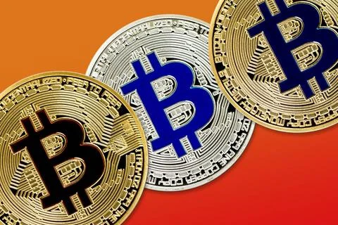 Physical version of Bitcoin (new virtual money) with colorful effect Physi... Stock-Fotos