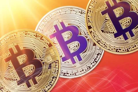 Physical version of Bitcoin (new virtual money) with colorful sunburst eff... Stock-Fotos