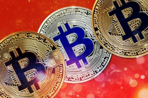 Physical version of Bitcoin (new virtual money) with colorful effect Physi... Stock-Fotos