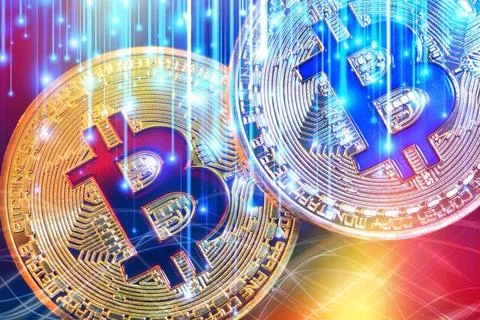 Physical version of Bitcoin (new virtual money) with colorful effect Physi... Stock-Fotos