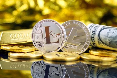 Physical version of Litecoin (new virtual money) and banknotes of one dolla.. Stock Photos