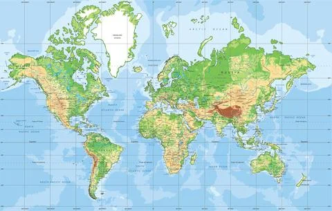 Physical World map in Mercator projection. Stock Illustration
