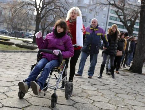 Physically and mentally disabled at a protest Sofia, Bulgaria - December 7... Stock Photos