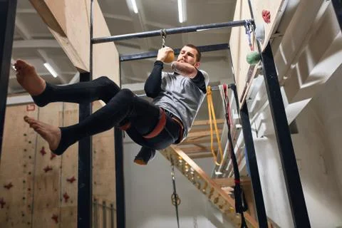 Physically challenged climber preparing to international bouldering competition Stock Photos