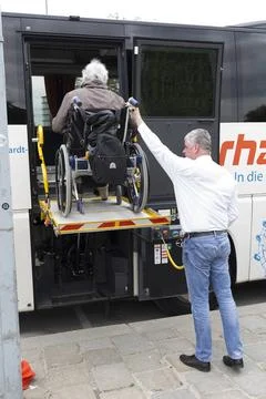 Physically disabled bus accessibility platform Vienna, Austria - May 1, 20... Stock Photos