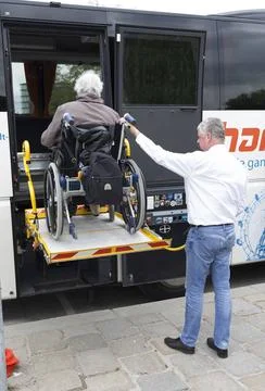 Physically disabled bus accessibility platform Vienna, Austria - May 1, 20... Stock Photos