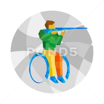 Physically disabled shooter wuth abstract patterns. Wheelchair sport icon. Stock Illustration
