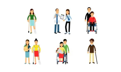 Physically Handicapped Characters With Doctors Or Friends In Daily Life Vector Stock Illustration