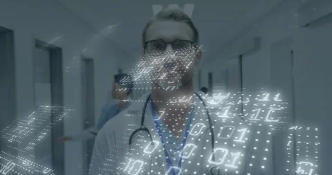 Physician approaching, chest stethoscope closeup pulling back, binary overlay Stock Footage 320724344